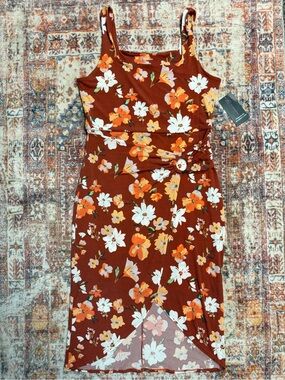 No Boundaries Floral Faux Wrap Mini Dress Women’s Large NWT Rust Orange